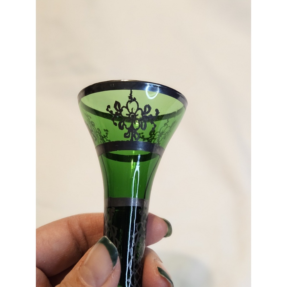 Bohemian Emerald Green Glass Silver Overlay Bud or Weed Vase - Beautiful - Picture 16 of 16